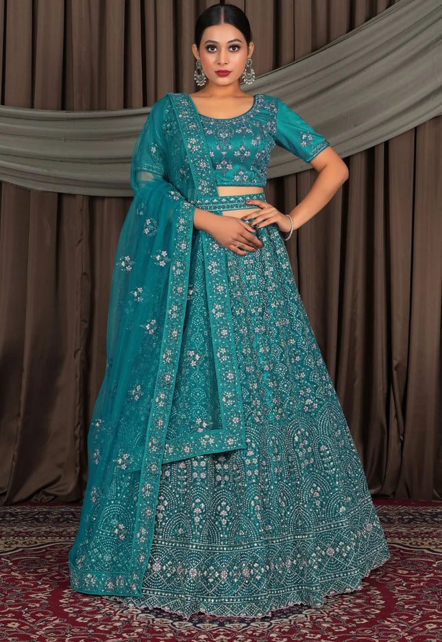 Firozi Party Wear Net Lehenga Choli For Weddings