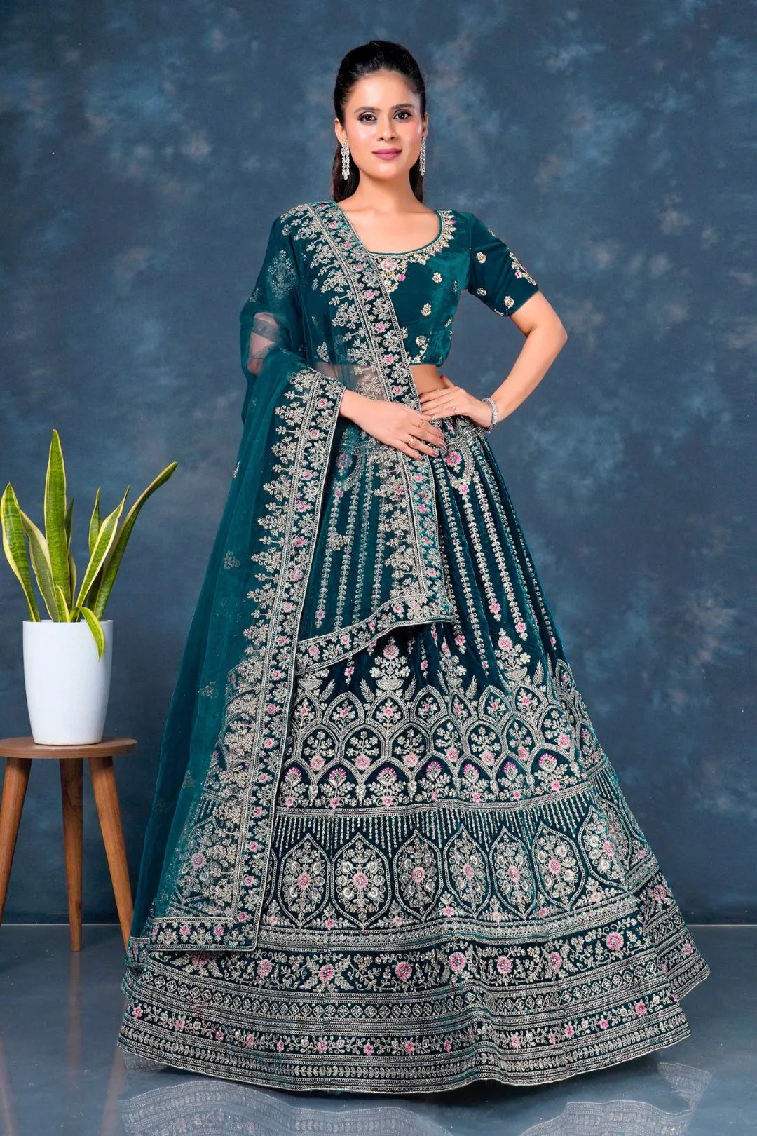 Firozi Velvet Bridal Lehenga Choli For Wedding