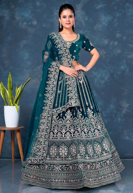 Firozi Velvet Bridal Lehenga Choli For Wedding