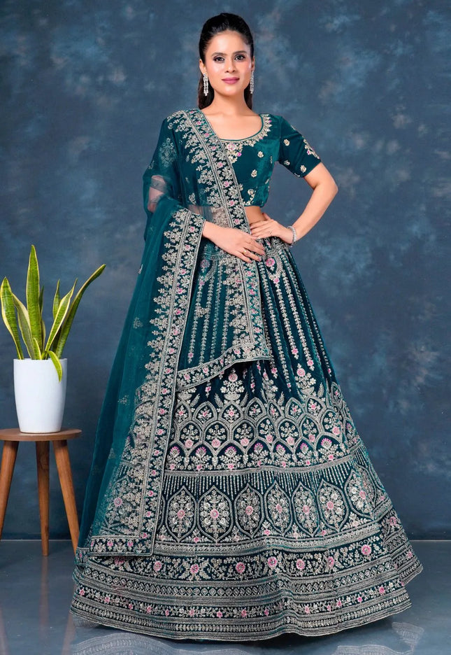 Firozi Velvet Bridal Lehenga Choli For Wedding