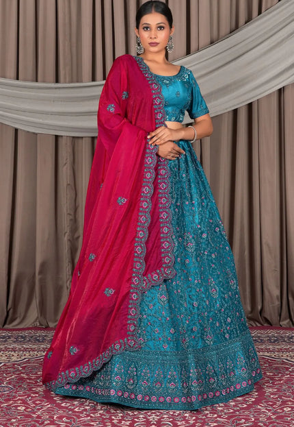 Firozi Wedding Wear Embroidered Net Lehenga Choli For Women