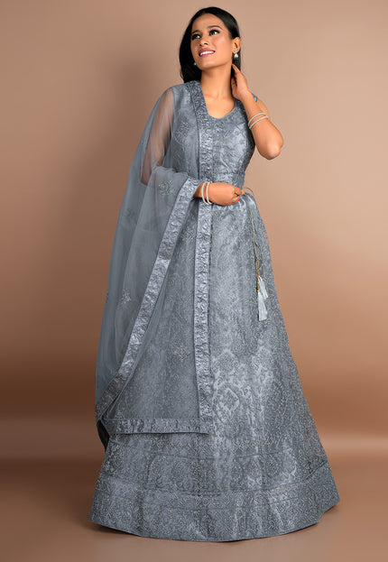 Gray Crop Top Net Lehenga