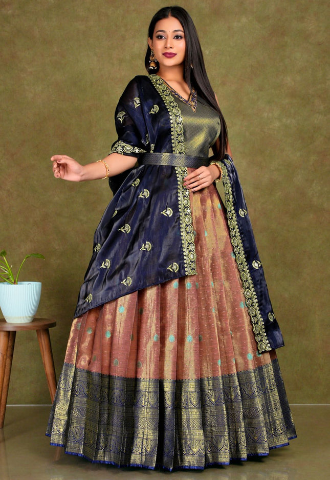Woman wearing a traditional outfit with a dupatta and multicolored gown