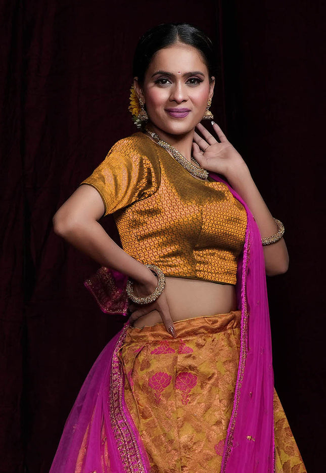 Gold Banarasi Silk Half Saree For Women