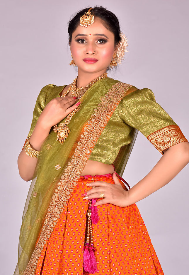 Orange Banarasi Silk Lehenga