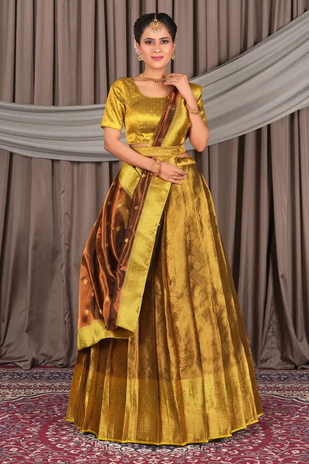 Gold Pure Two Tone Zari Tissue Pattu Half Saree For Women