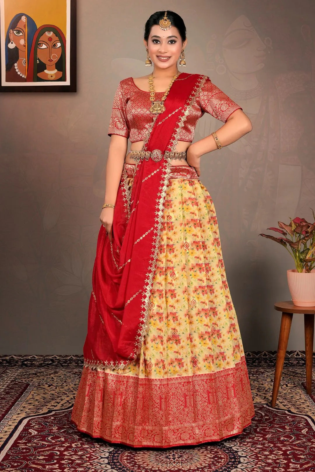 Gold Zari Tissue Lehenga Choli With Digital Print