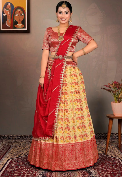 Gold Zari Tissue Lehenga Choli With Digital Print