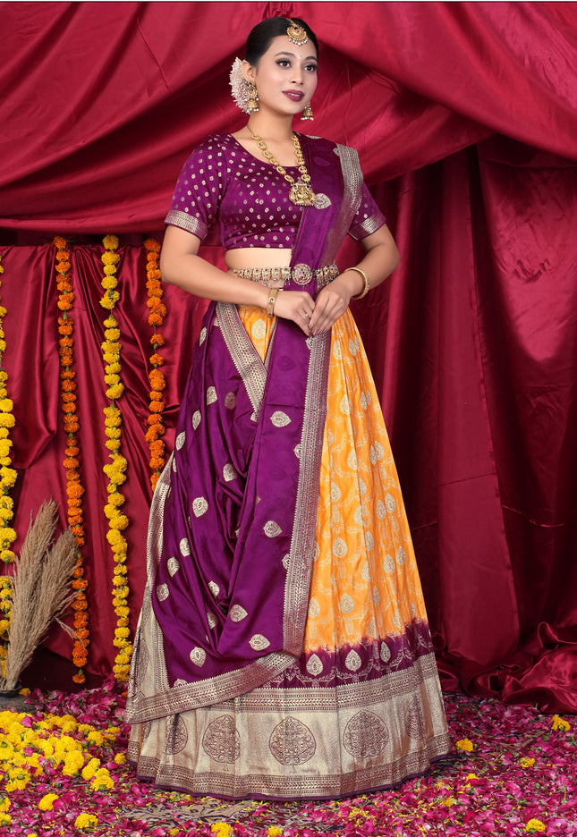 Woman in a traditional purple and orange lehenga choli