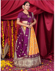 Woman in a traditional purple and orange lehenga choli