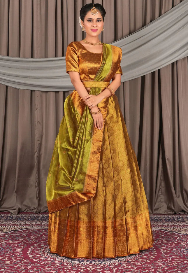 Gold Pure Two Tone Zari Tissue Pattu Half Saree For Women