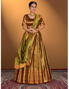 Woman wearing a traditional gold and green lehenga choli