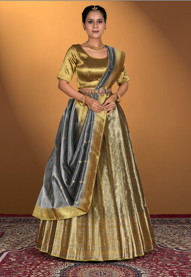 Woman wearing a traditional gold and gray lehenga