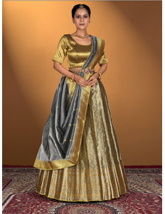 Woman wearing a traditional gold and gray lehenga