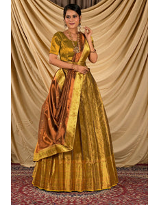 Woman wearing a traditional gold lehenga with a brown blouse