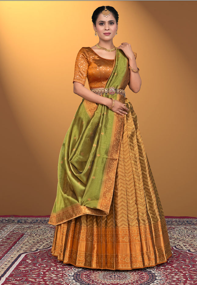 Woman wearing a traditional outfit with a green and orange lehenga choli