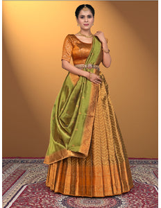 Woman wearing a traditional outfit with a green and orange lehenga choli