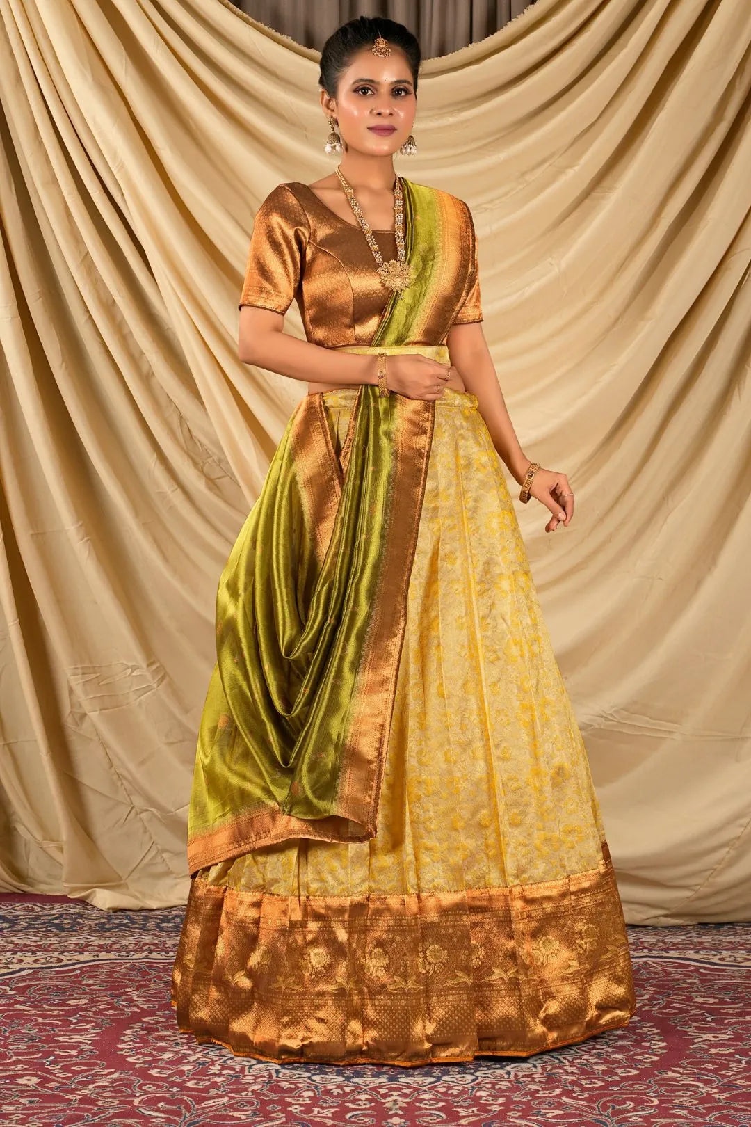 Gold Self Jacquard Silk Lehenga Choli With Zari Woven