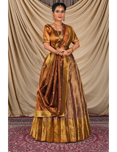 Woman wearing a traditional gold and brown lehenga choli with dupatta