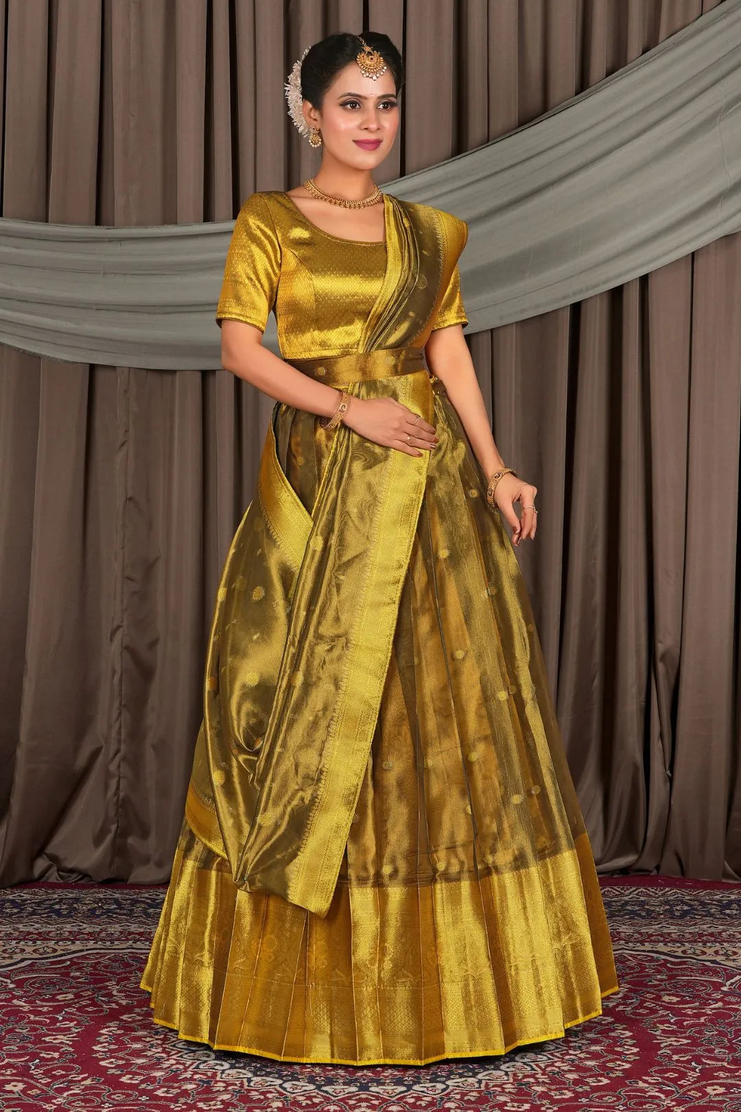 Gold Tissue Silk Zari Work Lehenga For Women