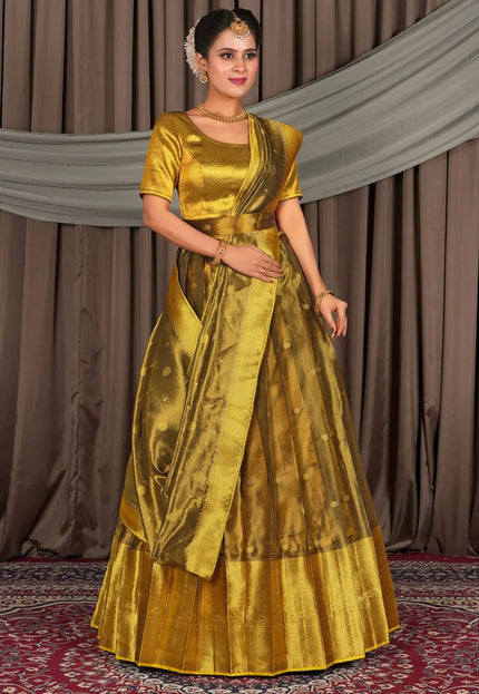 Gold Tissue Silk Zari Work Lehenga For Women