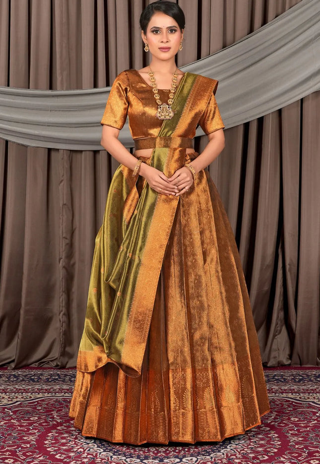 Gold Pure Two Tone Zari Tissue Pattu Half Saree For Women