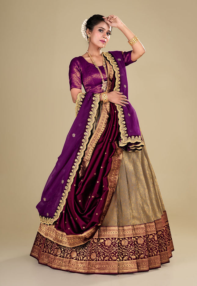 Wine Kanjivaram Pattu Lehenga