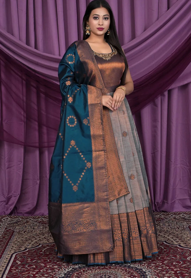Gray Designer Banarasi Gown With Dupatta
