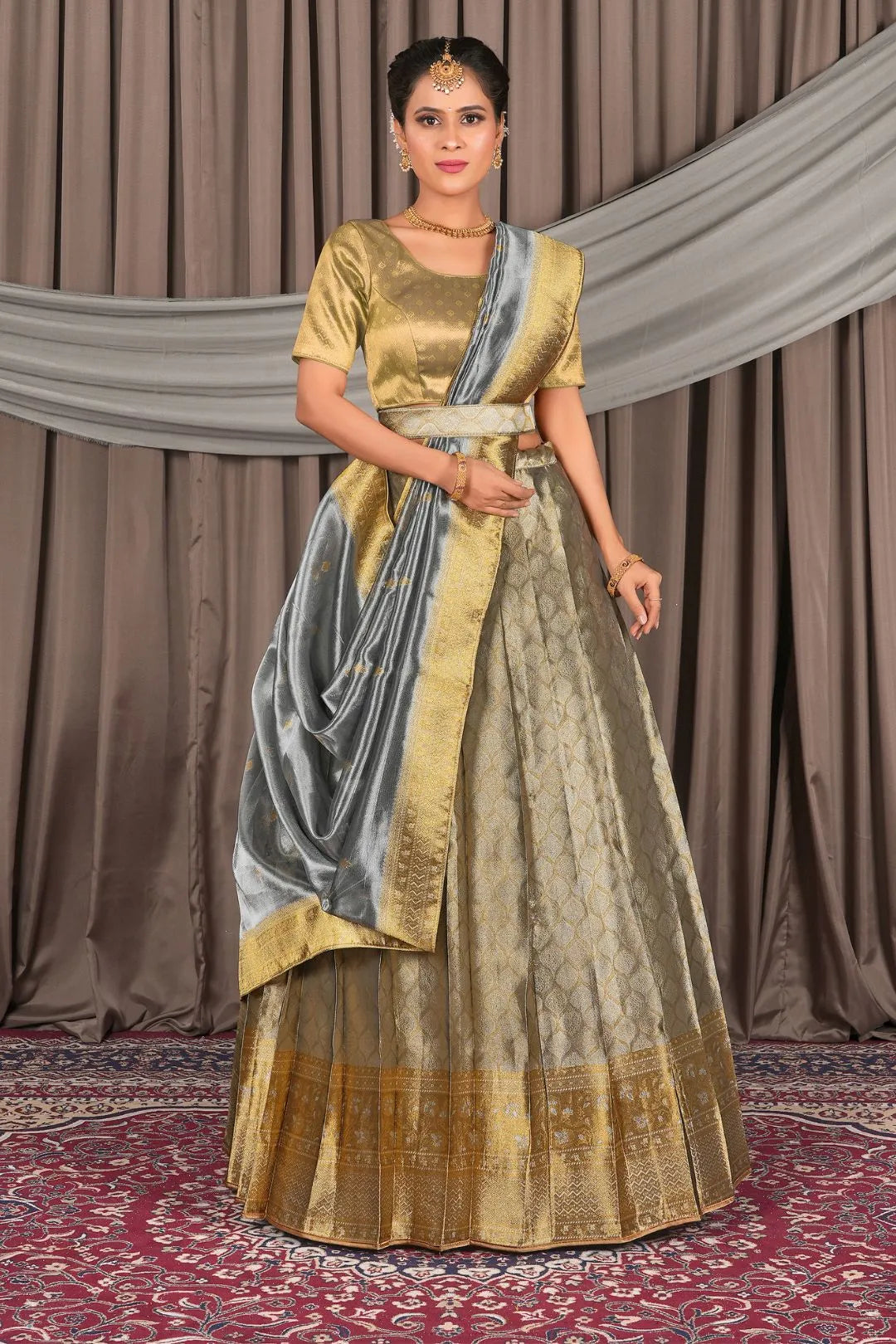 Gray Pure Two Tone Zari Tissue Pattu Half Saree For Women