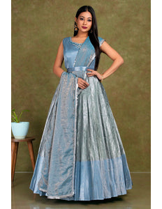 Woman wearing a blue and gray dress lehenga choli with dupatta