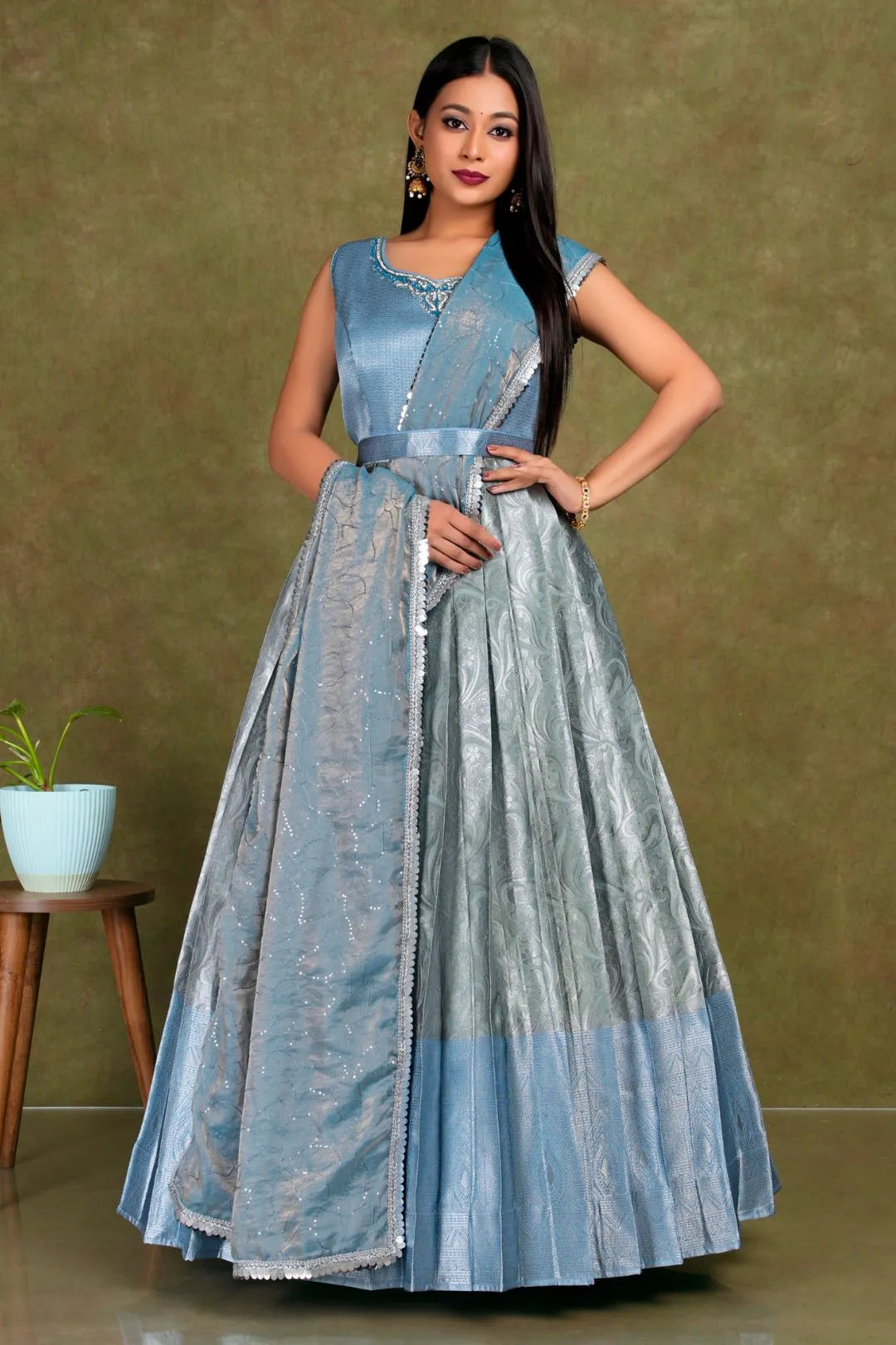 Gray Banarasi Long Gown With Dupatta