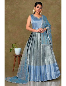 Gray Banarasi Long Gown With Dupatta For Women