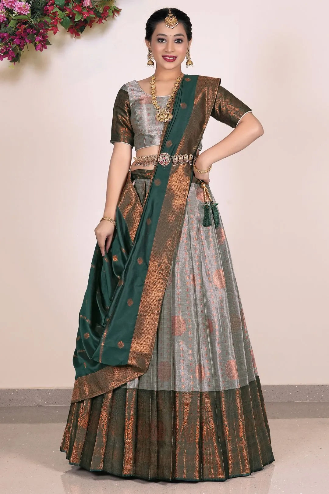 Gray Banarasi Silk Half Saree Lehenga For Women