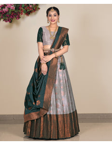 Woman wearing a traditional saree with a Gray and Green pattern