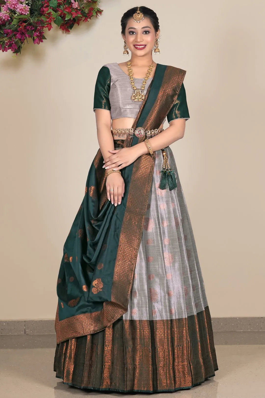 Gray Banarasi Silk Lehenga Choli For Women