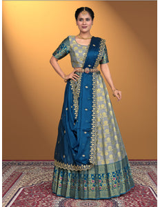 Woman wearing a traditional gray lehenga choli