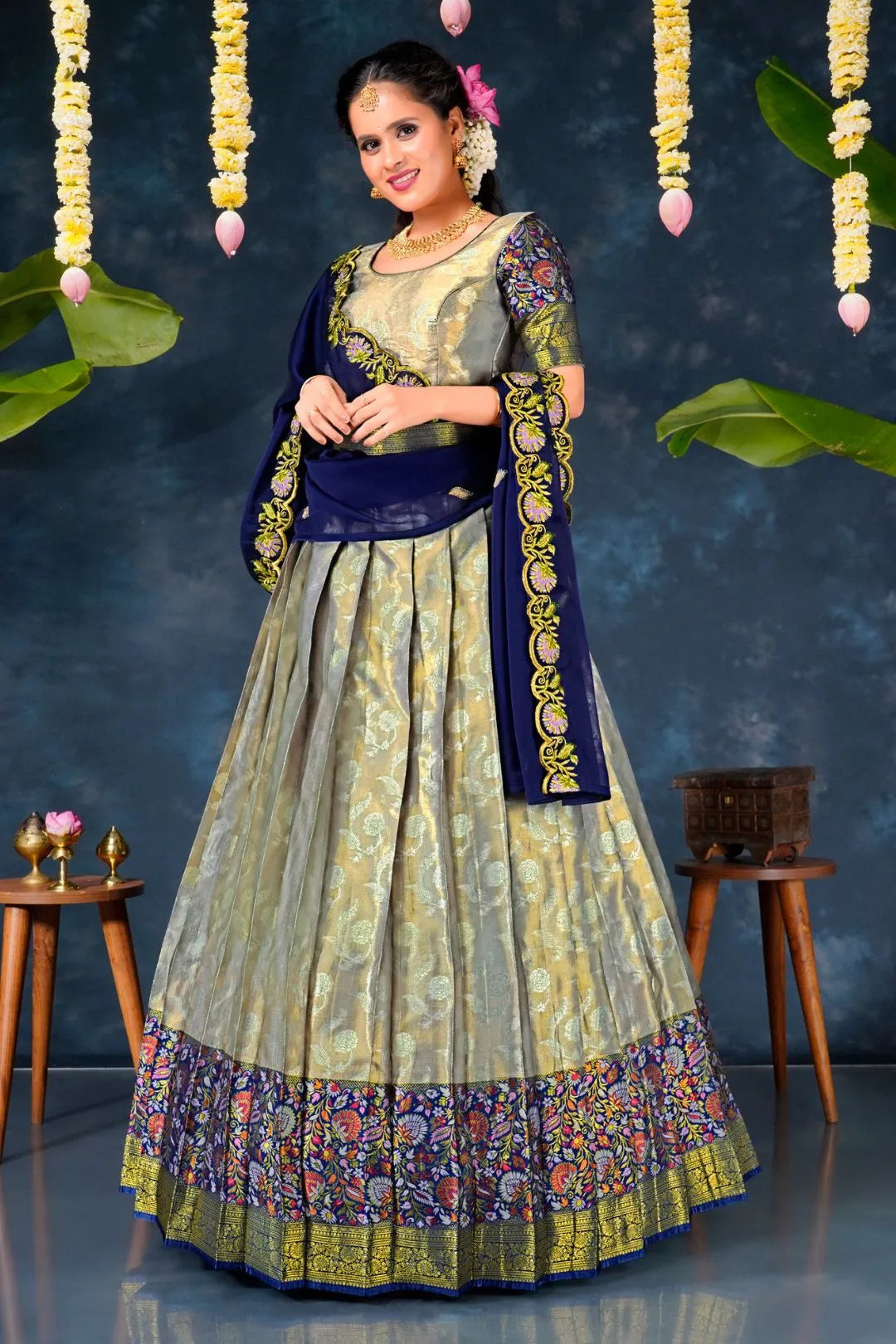 Gray Banarasi Silk Pattu Half Saree With Zari Work