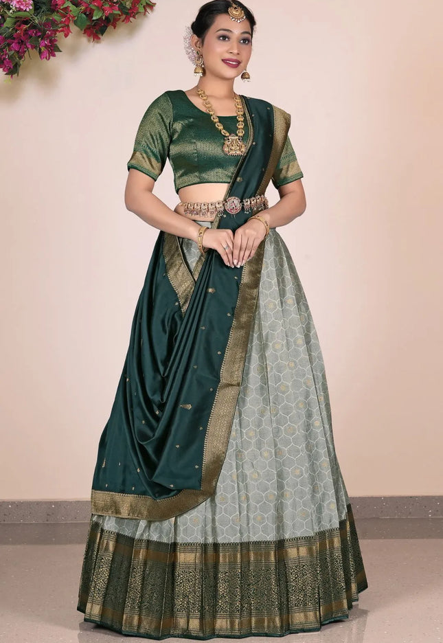 Gray Banarasi Silk Pattu Pavadai For Women