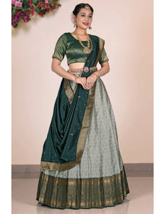 Gray Banarasi Silk Pattu Pavadai For Women