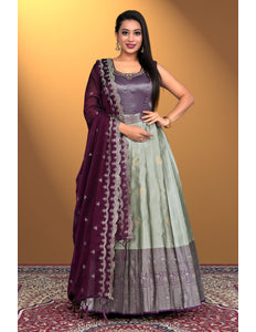 Woman wearing a traditional outfit with a purple and gray gown with dupatta