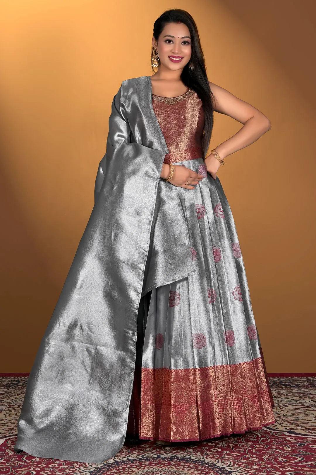 Gray Banarasi Silk Zari Woven Gown With Dupatta