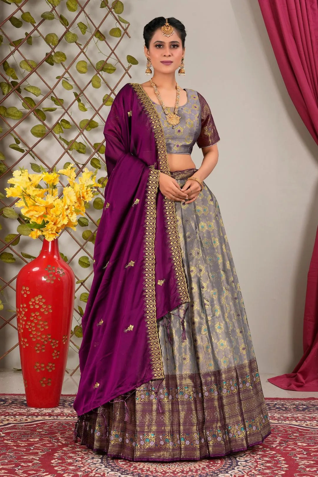 Gray Banarasi Zari Silk Lehenga Choli for Women