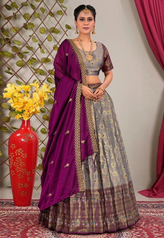 Gray Banarasi Zari Silk Lehenga Choli for Women