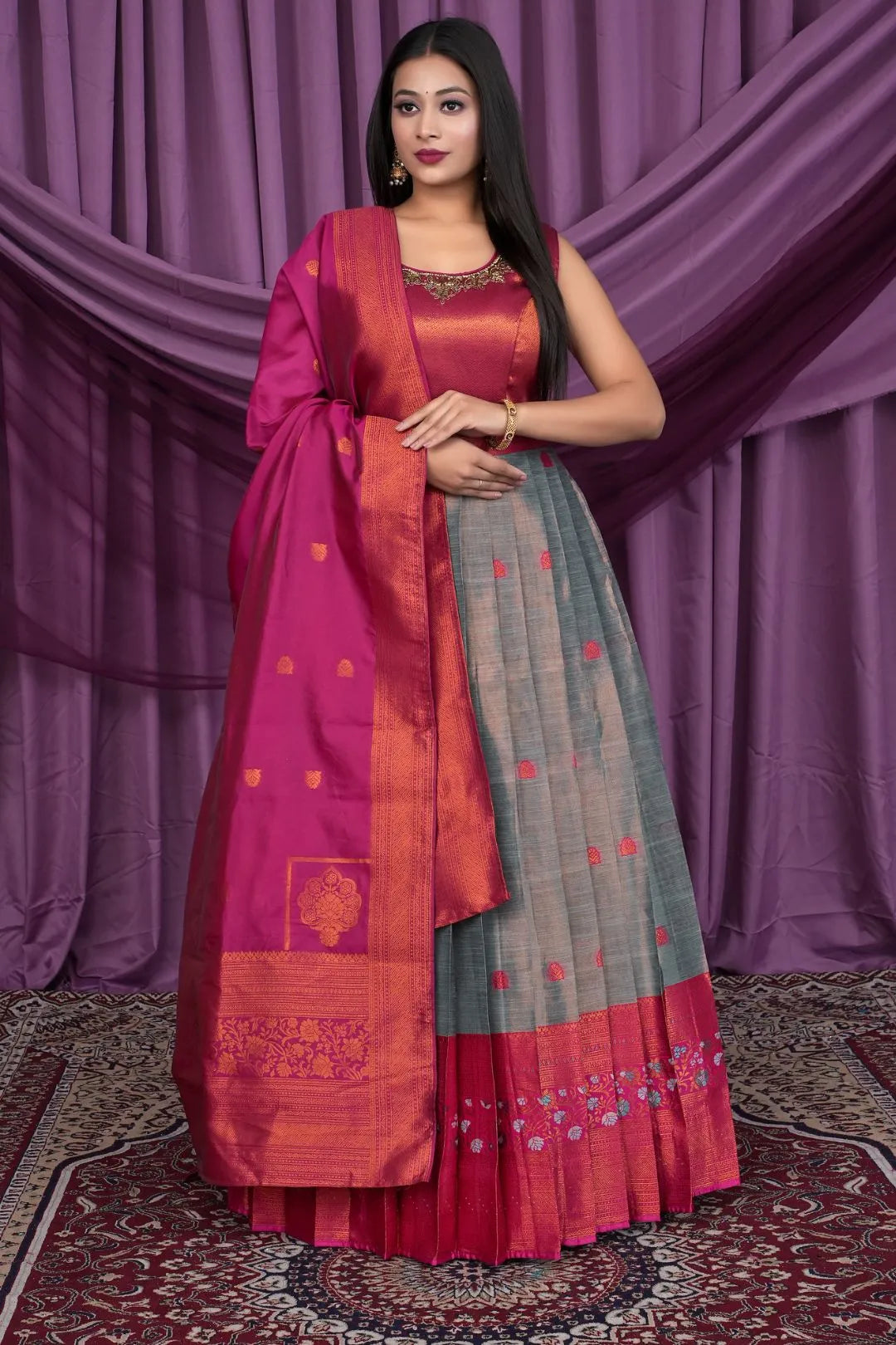 Gray Designer Banarasi Gown With Dupatta