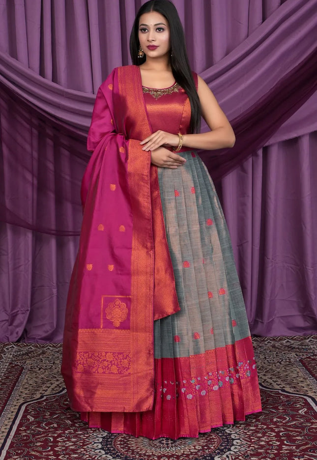 Gray Designer Banarasi Gown With Dupatta