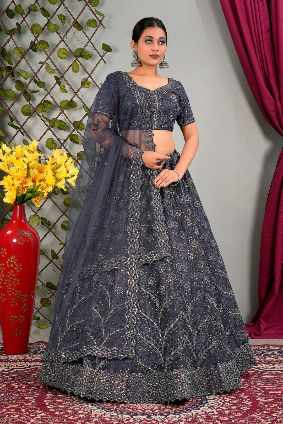 Gray Net Designer Chaniya Choli For Women