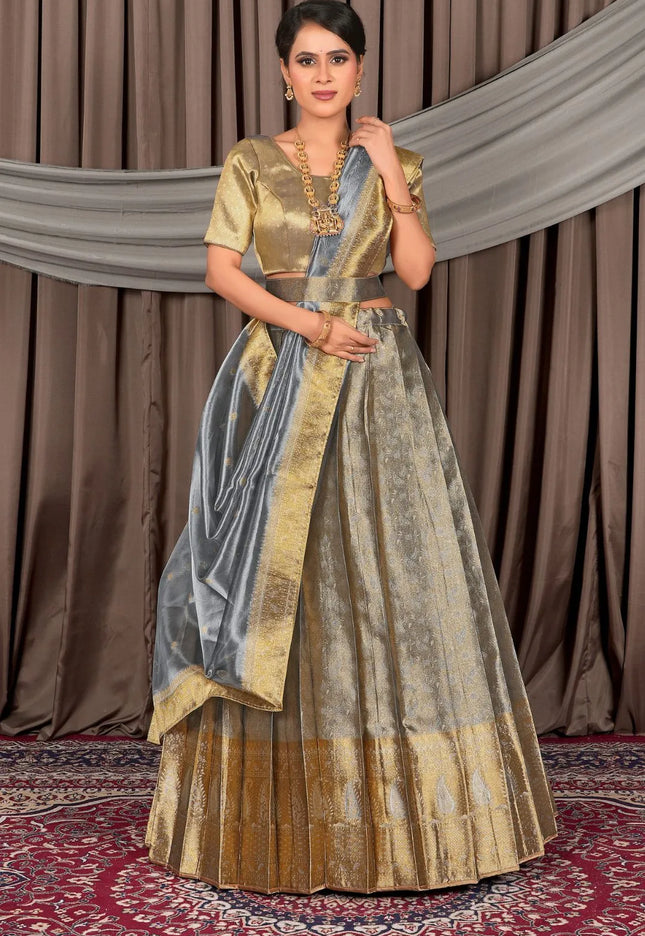 Gray Pure Two Tone Zari Tissue Pattu Half Saree For Women