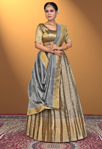 Woman wearing a traditional lehenga choli with a gold and gray pattern