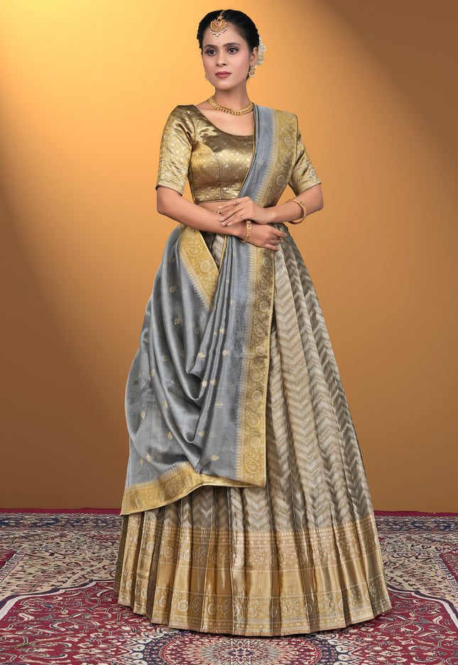 Woman wearing a traditional lehenga choli with a gold and gray pattern