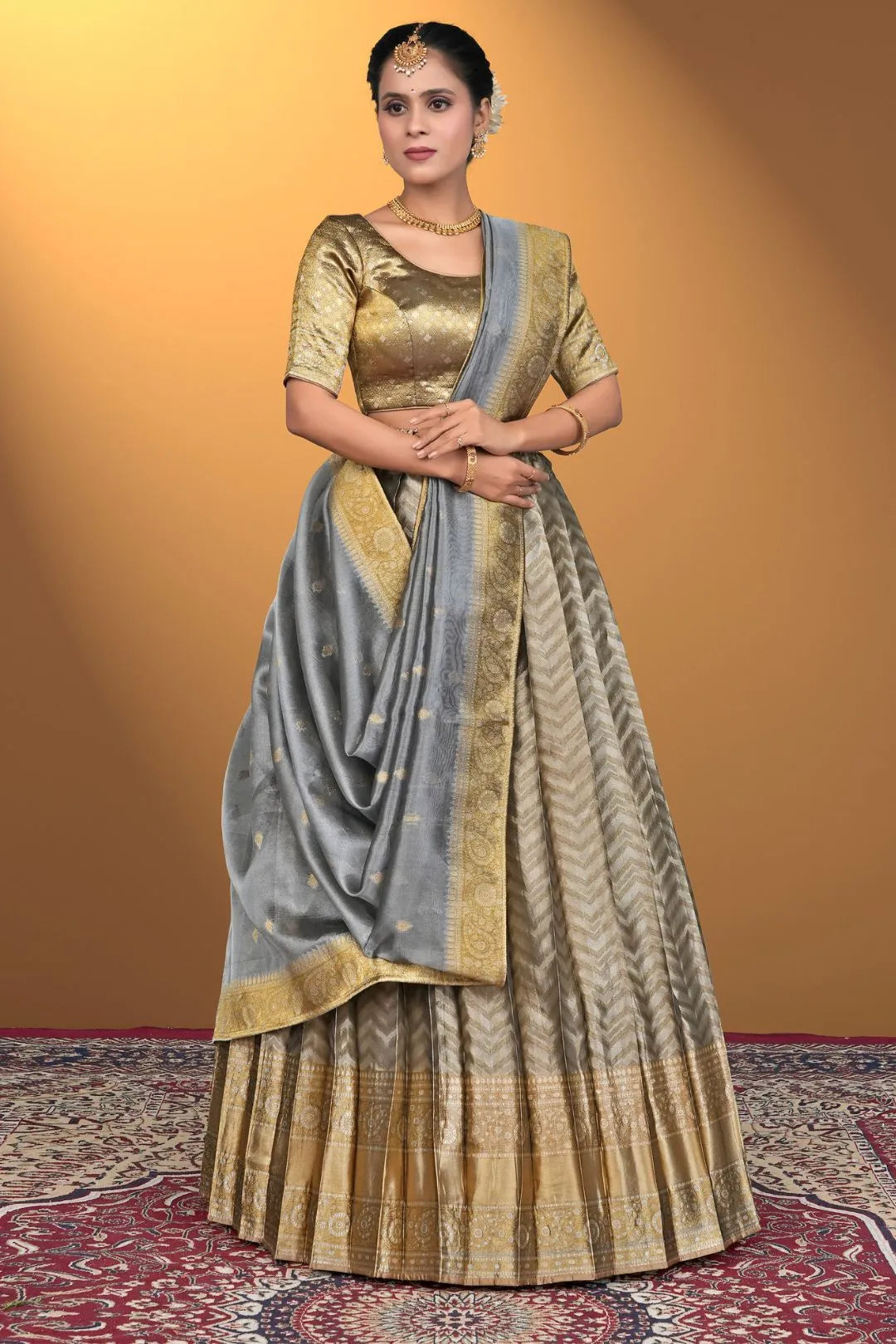 Gray Pure Two Zari Tissue Half Saree For Women